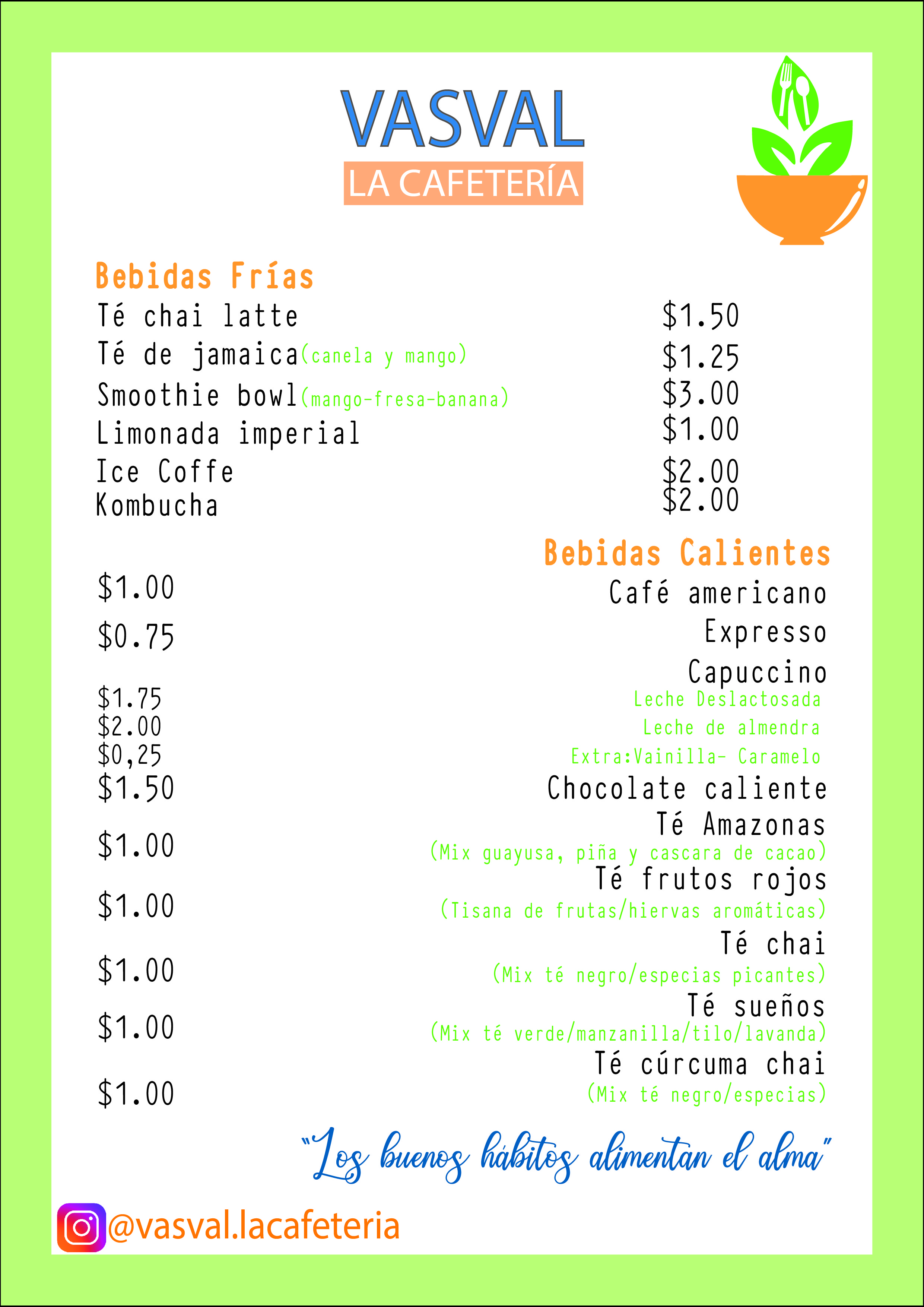 Carta de MENÚ VASVAL "LA CAFETERÍA" en Cantón Huaquillas, Huaquillas — página 1